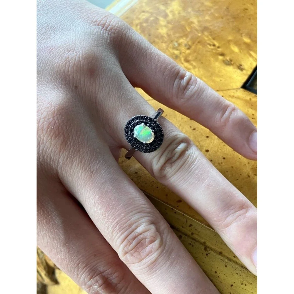Natural Ethiopian Opal Black Spinel Sterling Silver Ring Size 6.75